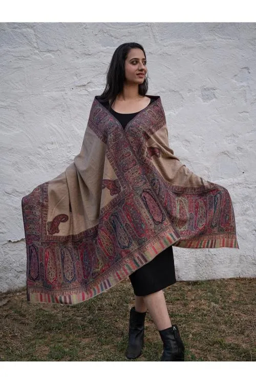 Regal Statement. Exclusive Soft Jamavar Design Kashmiri Shawl - Royal Beige