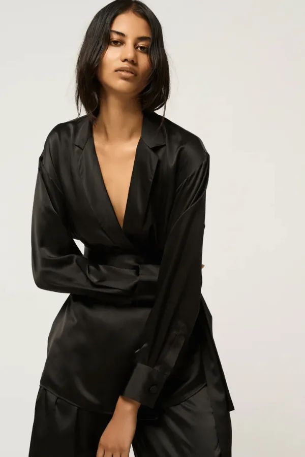 Relaxed Silk Wrap Shirt Black