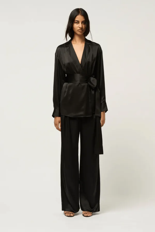 Relaxed Silk Wrap Shirt Black