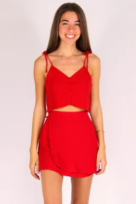 Ribbon Cami Top and Wrap Skirt - Red Scrunchy