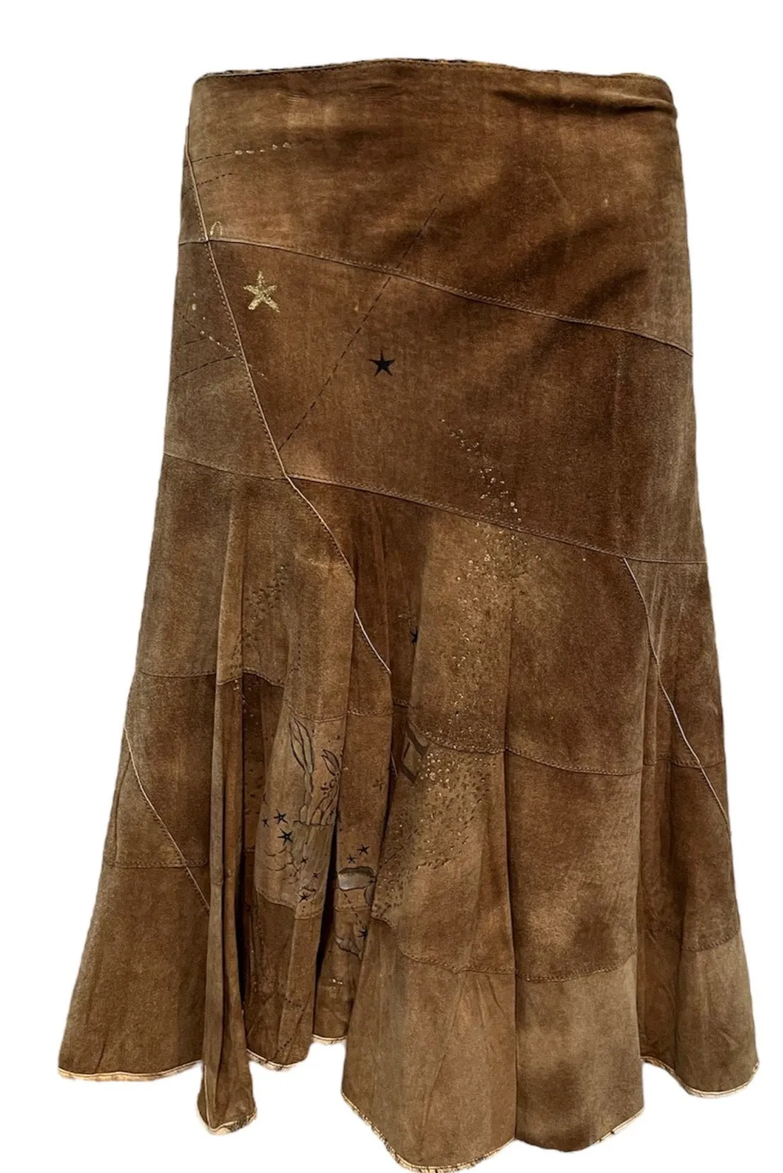 Roberto Cavalli Y2K Brown Suede Patchwork Skirt with Hand Painting