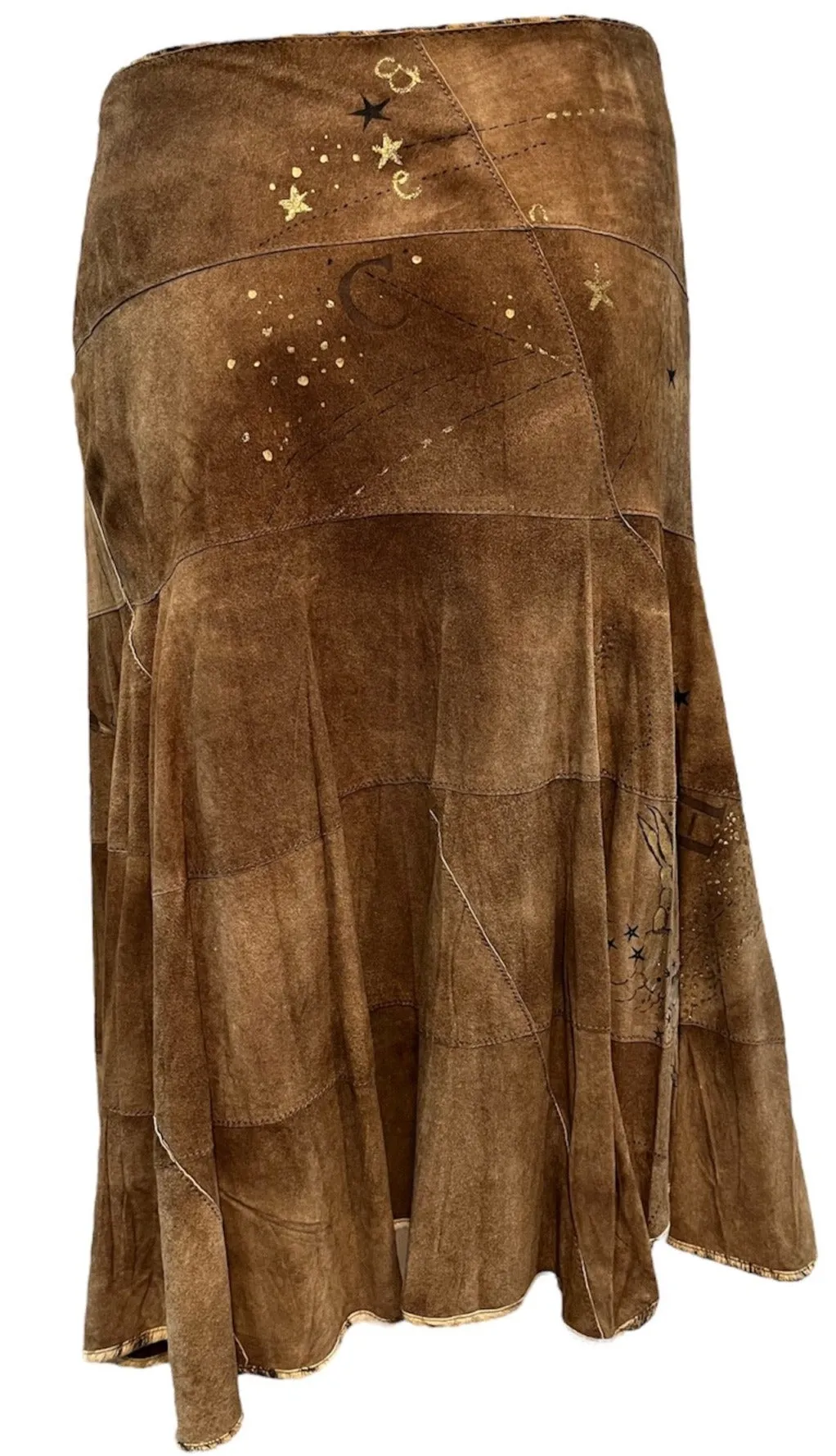 Roberto Cavalli Y2K Brown Suede Patchwork Skirt with Hand Painting