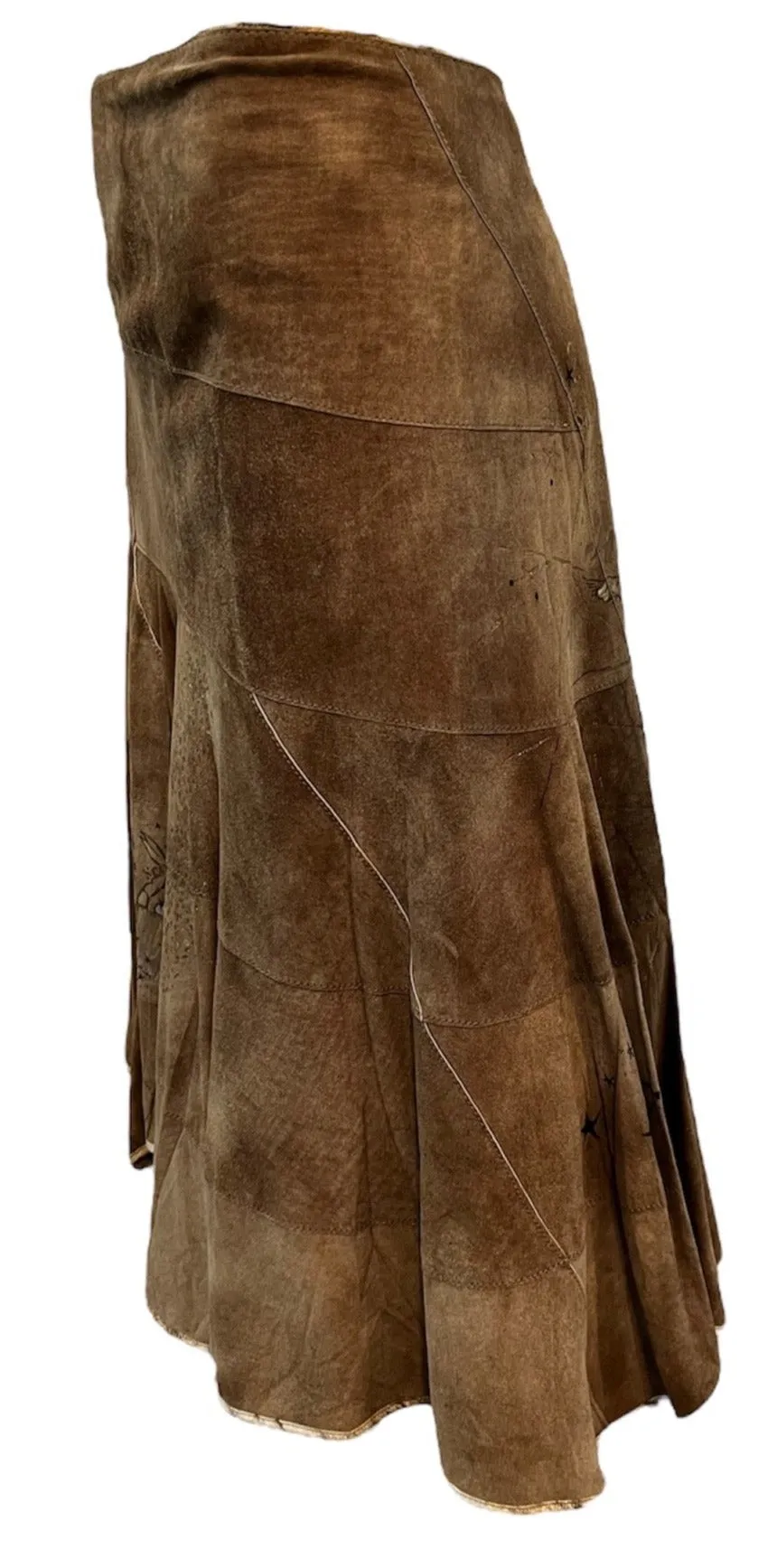 Roberto Cavalli Y2K Brown Suede Patchwork Skirt with Hand Painting