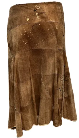 Roberto Cavalli Y2K Brown Suede Patchwork Skirt with Hand Painting
