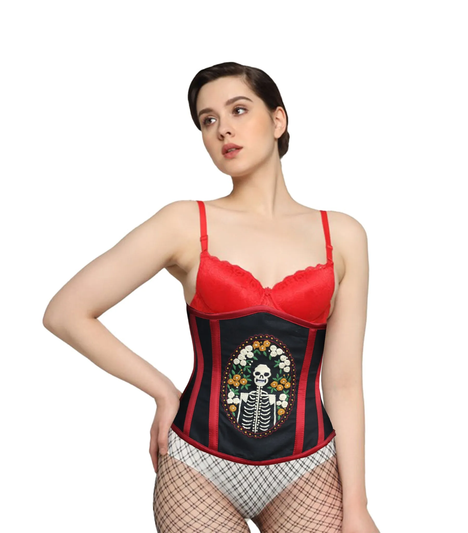Skeleton Embroidered waist reducing  underbust corset