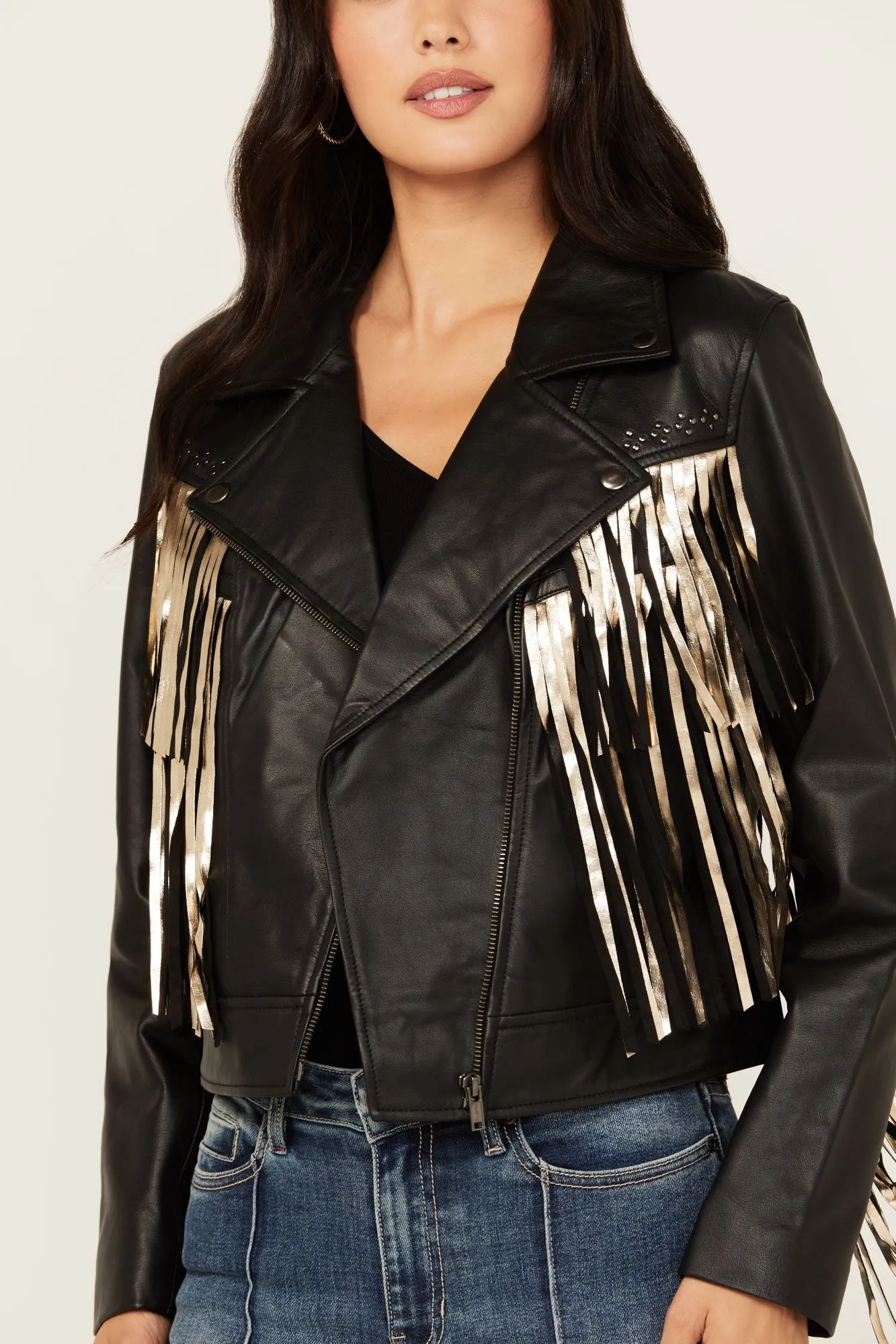 Sparks Studded Thunderbird Fringe Leather Jacket