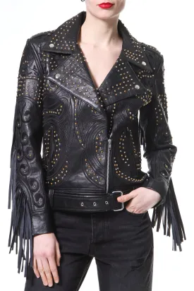 Studded Fringe Leather Biker