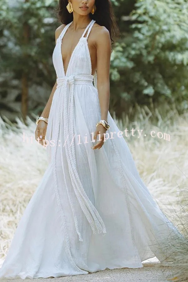 Summer Whispers Linen Blend Draped Braids Deep V-neck Halter Backless Cover Up Maxi Dress