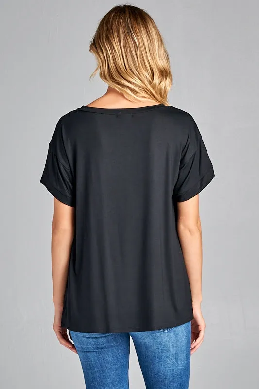 Ultra soft sequin pocket short sleeve V-neck top