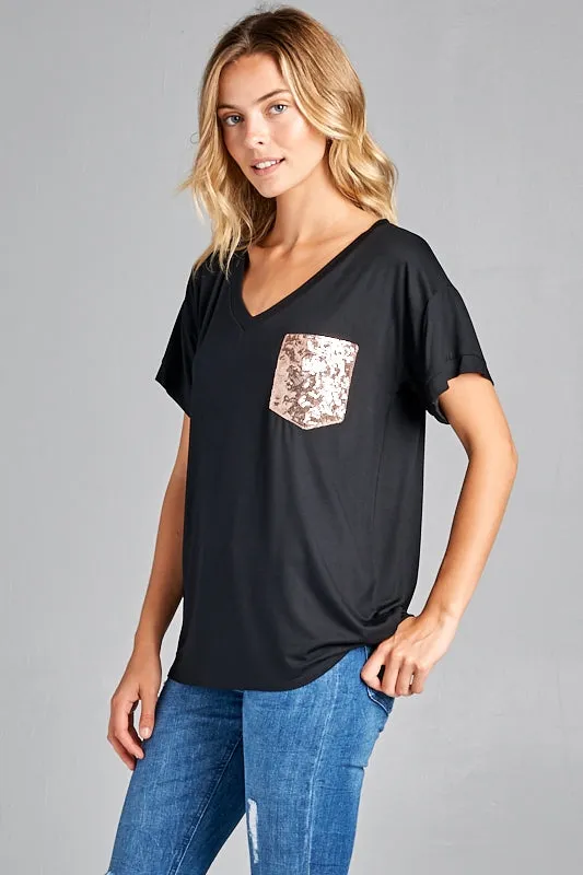 Ultra soft sequin pocket short sleeve V-neck top