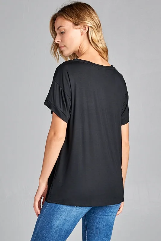 Ultra soft sequin pocket short sleeve V-neck top