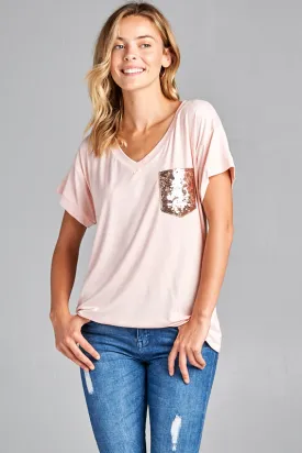 Ultra soft sequin pocket short sleeve V-neck top