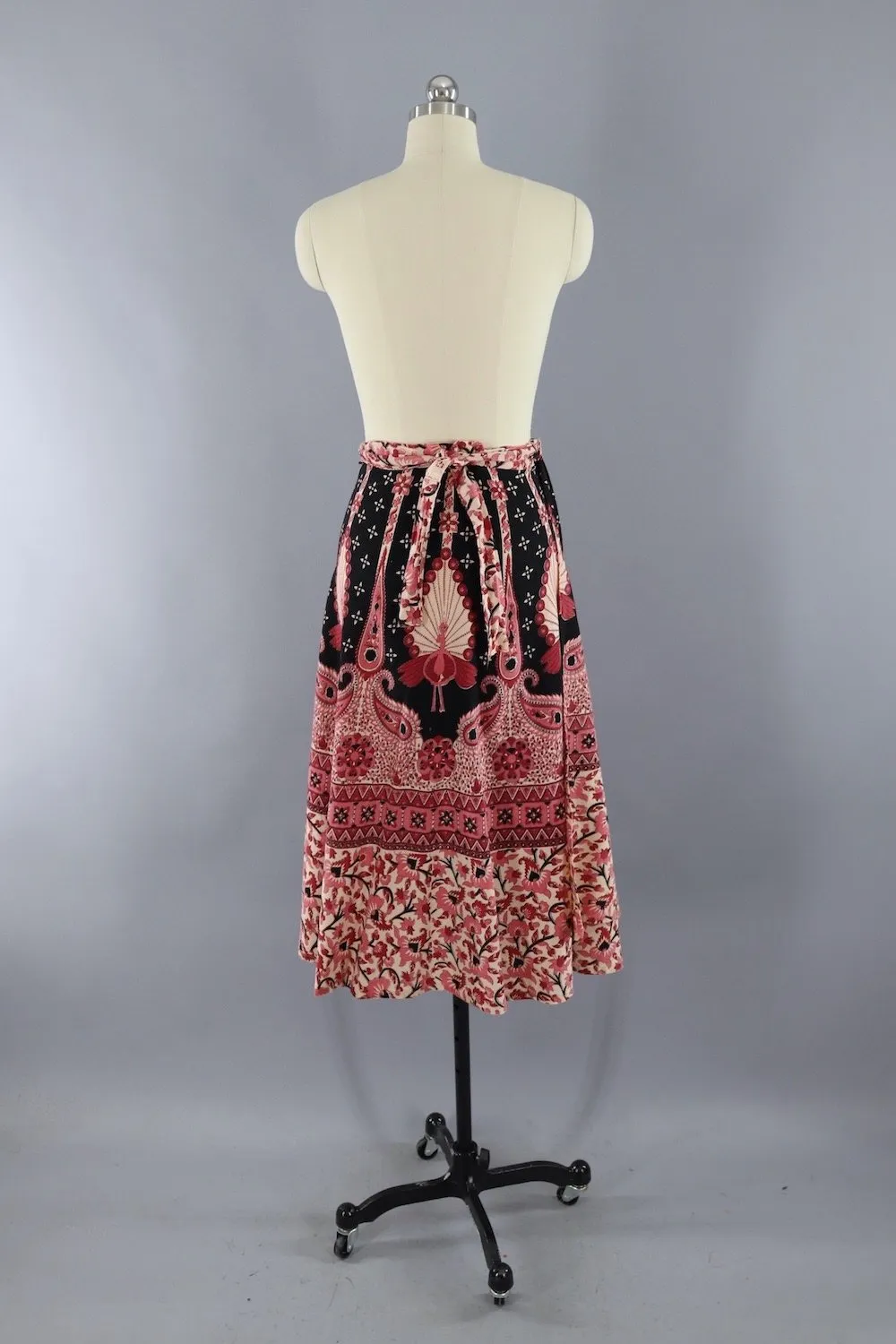 Vintage Cotton Wrap Skirt / Pink Peacock Print