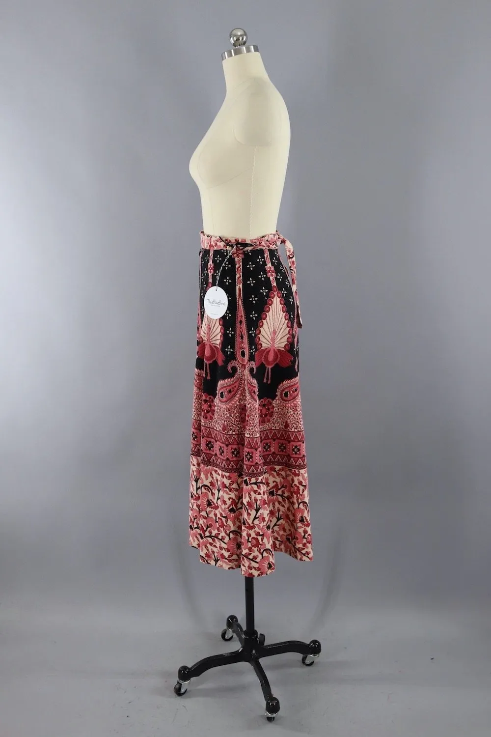 Vintage Cotton Wrap Skirt / Pink Peacock Print