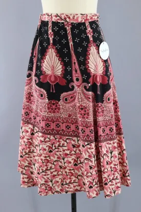 Vintage Cotton Wrap Skirt / Pink Peacock Print