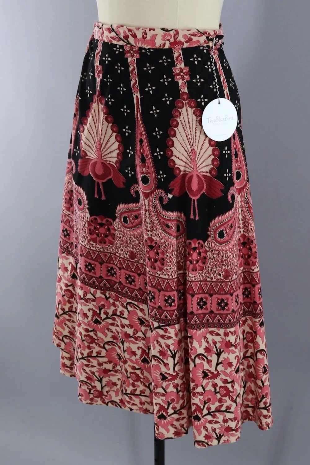 Vintage Cotton Wrap Skirt / Pink Peacock Print