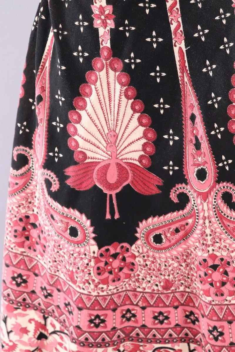 Vintage Cotton Wrap Skirt / Pink Peacock Print