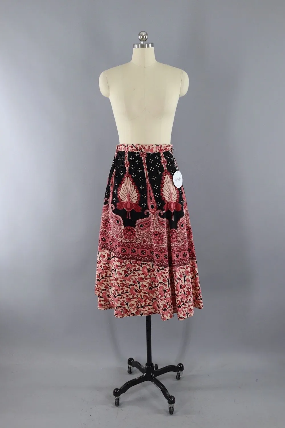 Vintage Cotton Wrap Skirt / Pink Peacock Print