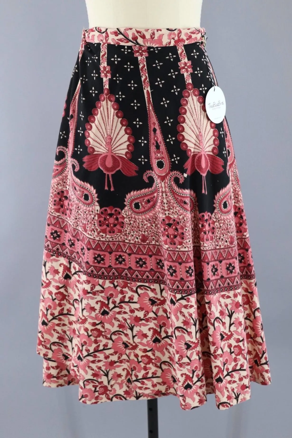 Vintage Cotton Wrap Skirt / Pink Peacock Print