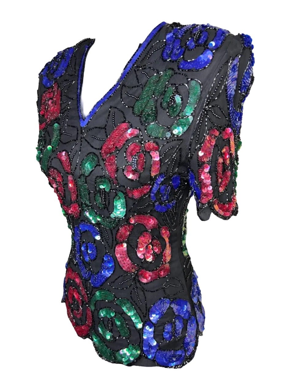 Vintage v-cut Stenay sequin short sleeve top sz S