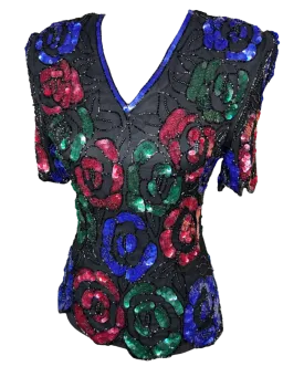 Vintage v-cut Stenay sequin short sleeve top sz S