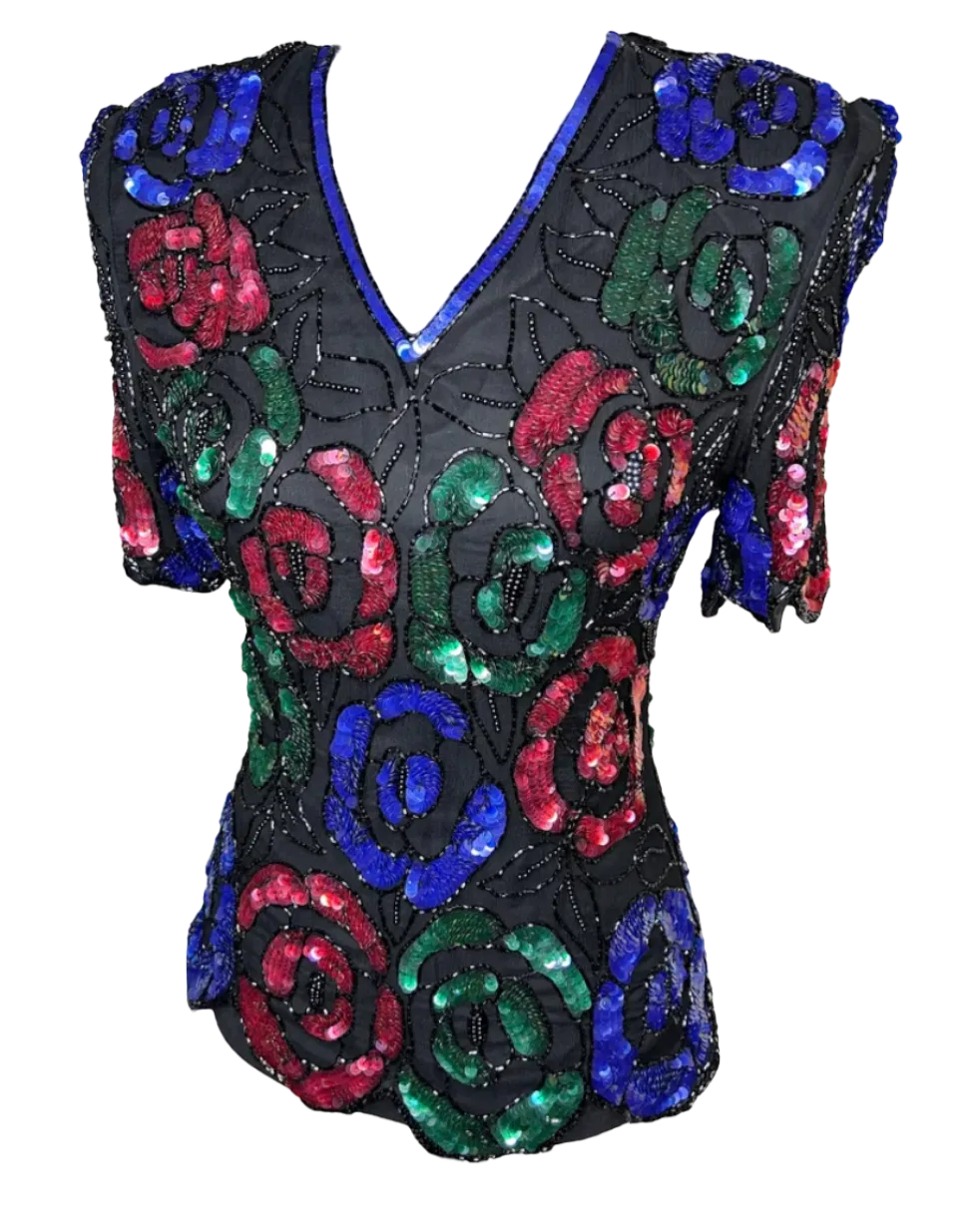 Vintage v-cut Stenay sequin short sleeve top sz S
