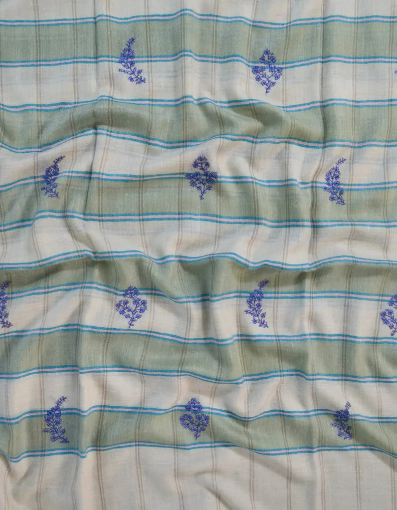 White, Green & Blue Check Pashmina Shawl With Sozni Work 5576