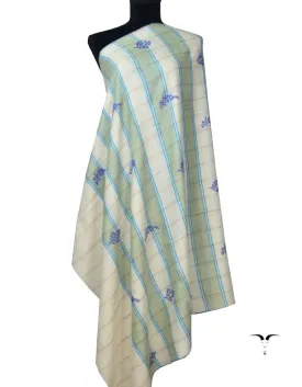 White, Green & Blue Check Pashmina Shawl With Sozni Work 5576