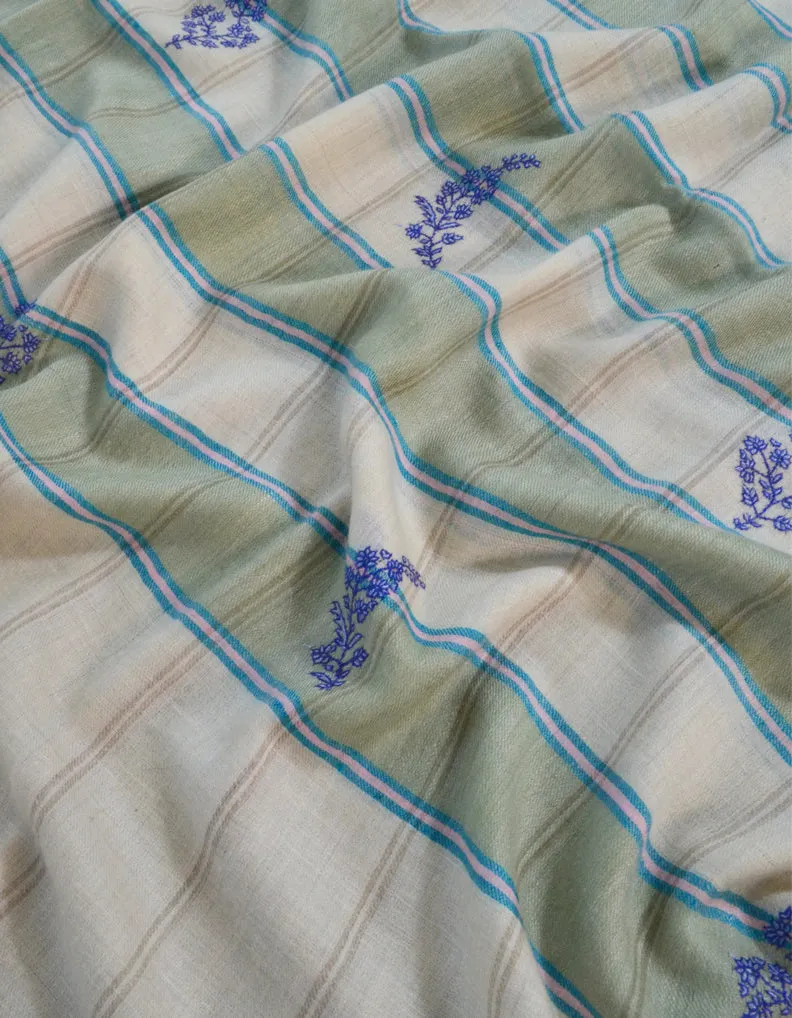 White, Green & Blue Check Pashmina Shawl With Sozni Work 5576