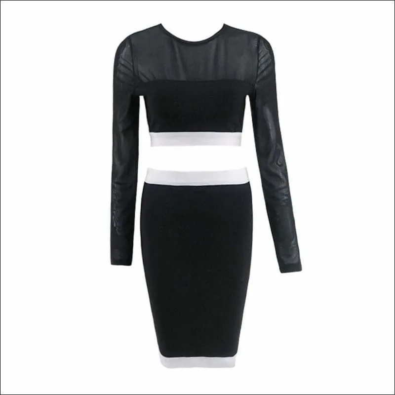 Winnal Sexy Long Sleeve Transparent Top Skirt 2pcs Set Patchwork Bodycon Celebrity Bandage Skirt Slim Cut Clubwear