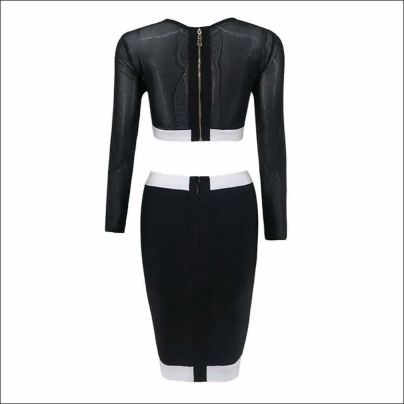 Winnal Sexy Long Sleeve Transparent Top Skirt 2pcs Set Patchwork Bodycon Celebrity Bandage Skirt Slim Cut Clubwear