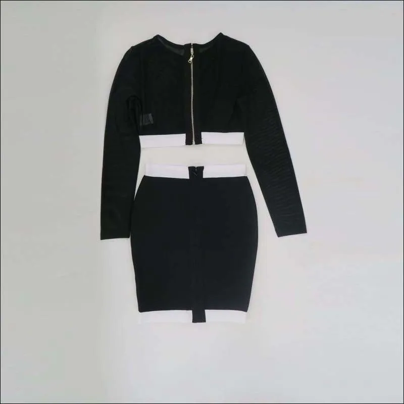 Winnal Sexy Long Sleeve Transparent Top Skirt 2pcs Set Patchwork Bodycon Celebrity Bandage Skirt Slim Cut Clubwear