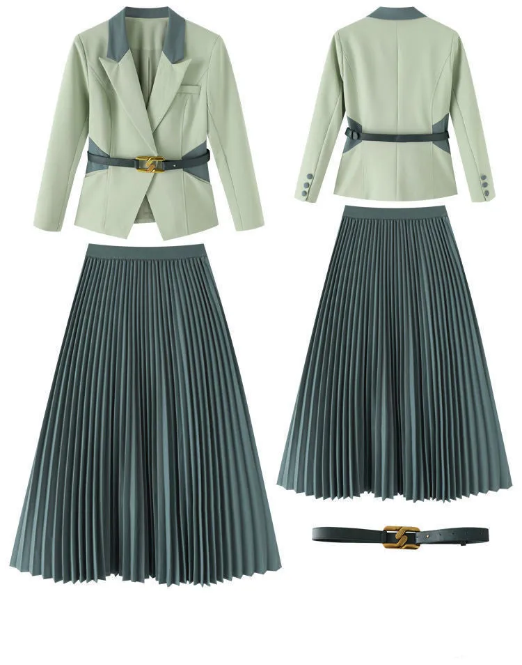 Wjczt 2022 Spring New Women's Two Pieces Suit Set Office Lady French Graceful Coats Pleated Skirts Sets with Waistband Green Clothing