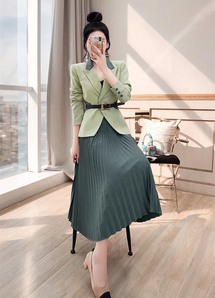 Wjczt 2022 Spring New Women's Two Pieces Suit Set Office Lady French Graceful Coats Pleated Skirts Sets with Waistband Green Clothing