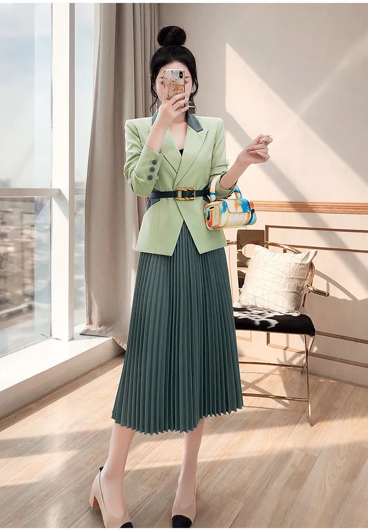Wjczt 2022 Spring New Women's Two Pieces Suit Set Office Lady French Graceful Coats Pleated Skirts Sets with Waistband Green Clothing