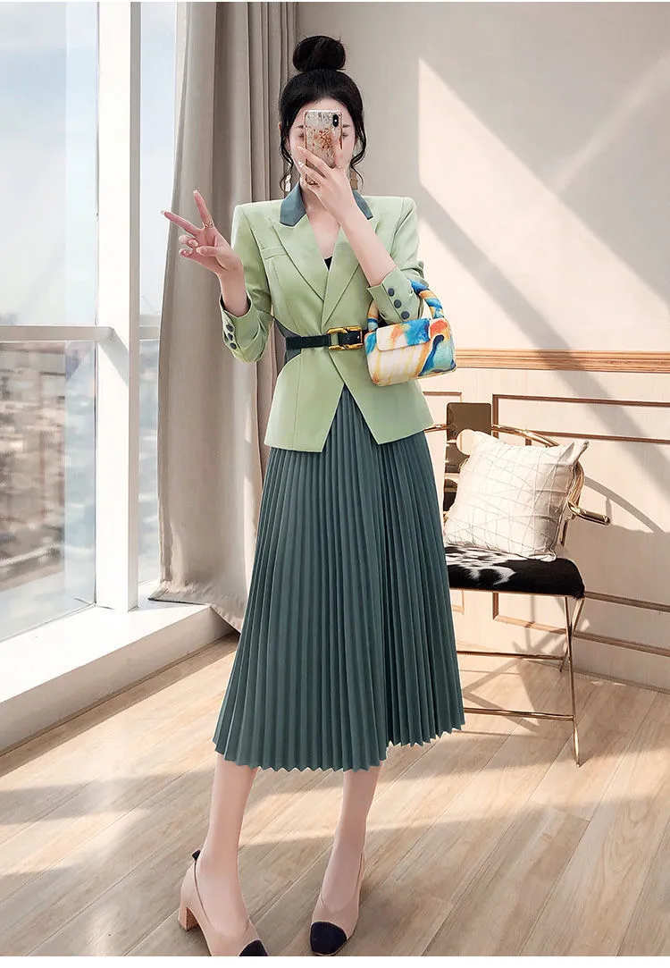 Wjczt 2022 Spring New Women's Two Pieces Suit Set Office Lady French Graceful Coats Pleated Skirts Sets with Waistband Green Clothing