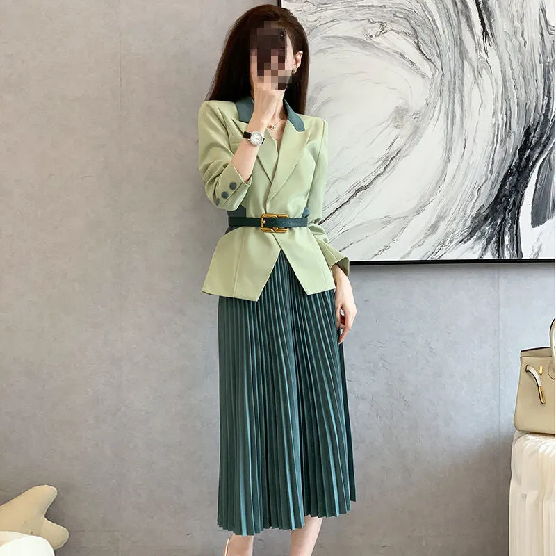 Wjczt 2022 Spring New Women's Two Pieces Suit Set Office Lady French Graceful Coats Pleated Skirts Sets with Waistband Green Clothing