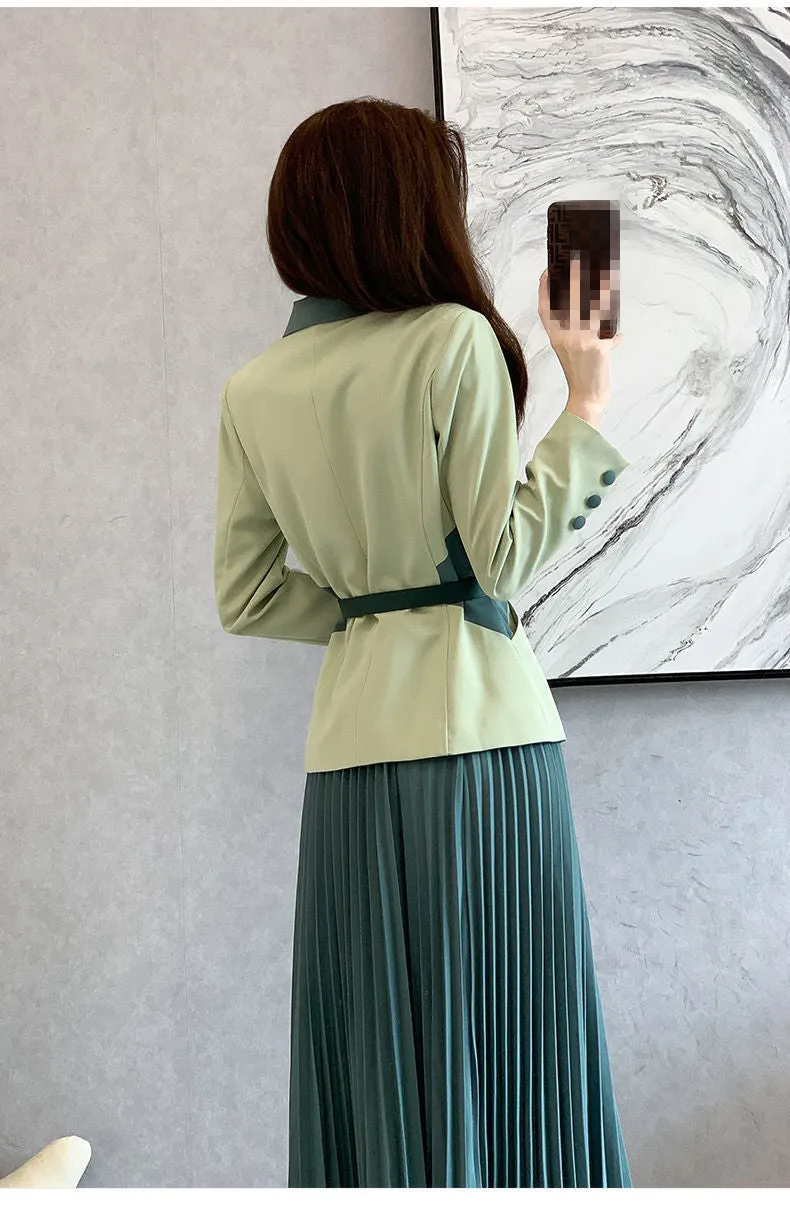 Wjczt 2022 Spring New Women's Two Pieces Suit Set Office Lady French Graceful Coats Pleated Skirts Sets with Waistband Green Clothing