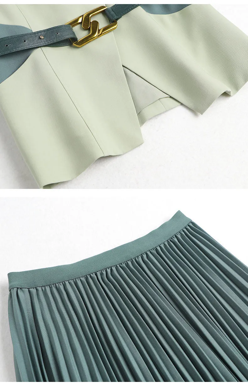 Wjczt 2022 Spring New Women's Two Pieces Suit Set Office Lady French Graceful Coats Pleated Skirts Sets with Waistband Green Clothing