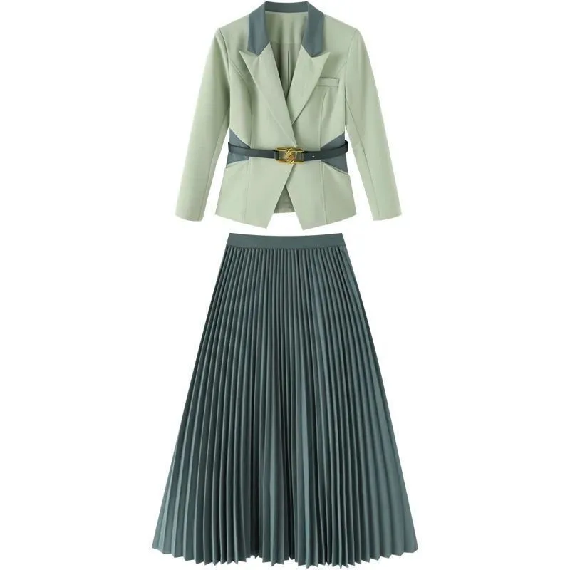 Wjczt 2022 Spring New Women's Two Pieces Suit Set Office Lady French Graceful Coats Pleated Skirts Sets with Waistband Green Clothing