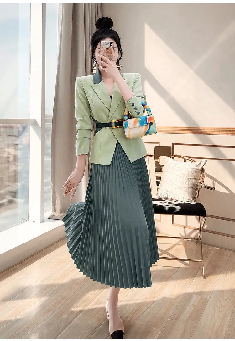 Wjczt 2022 Spring New Women's Two Pieces Suit Set Office Lady French Graceful Coats Pleated Skirts Sets with Waistband Green Clothing