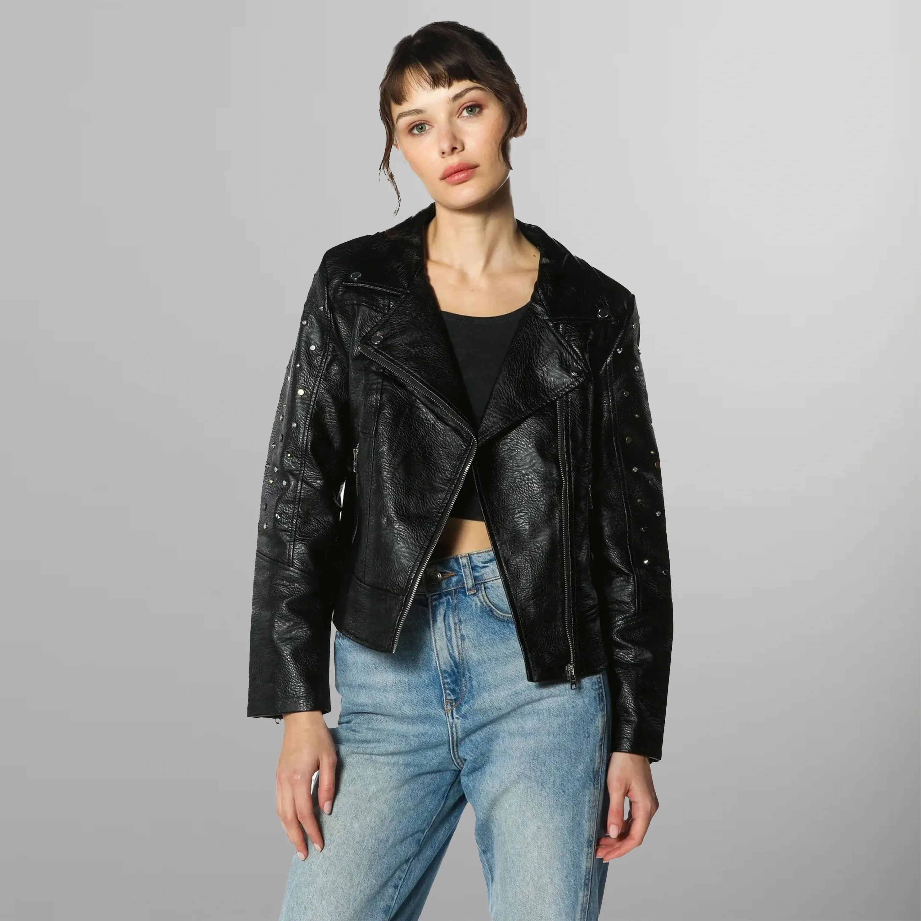 Women's Faux Leather Studded Biker Jacket - FINAL SALE