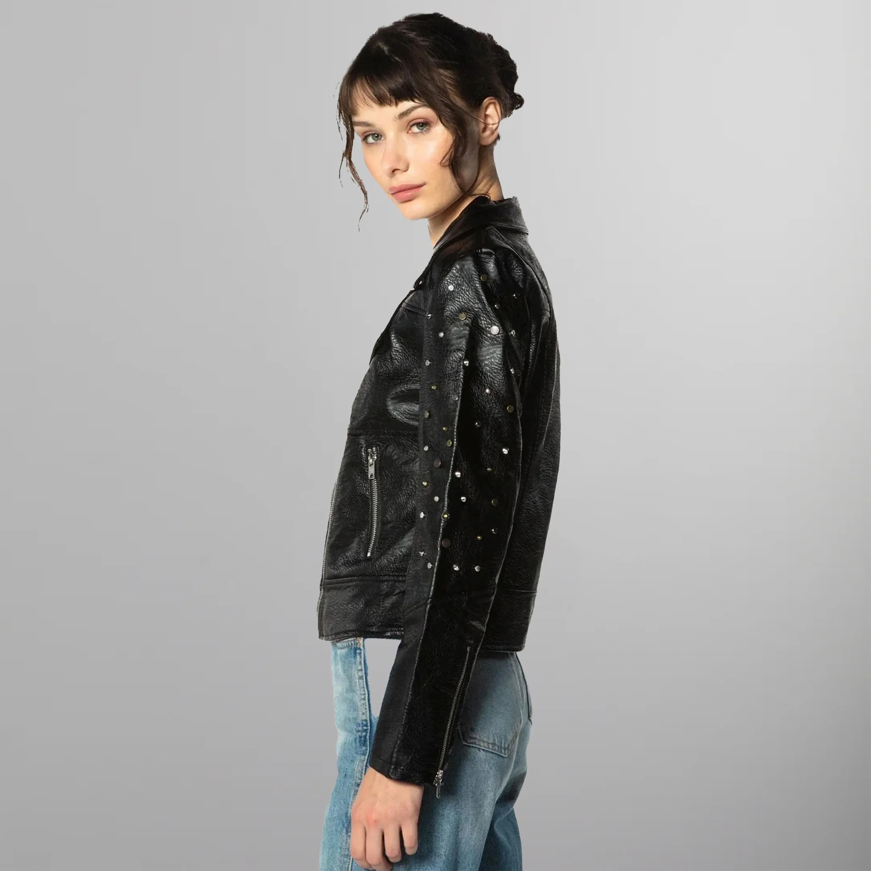 Women's Faux Leather Studded Biker Jacket - FINAL SALE