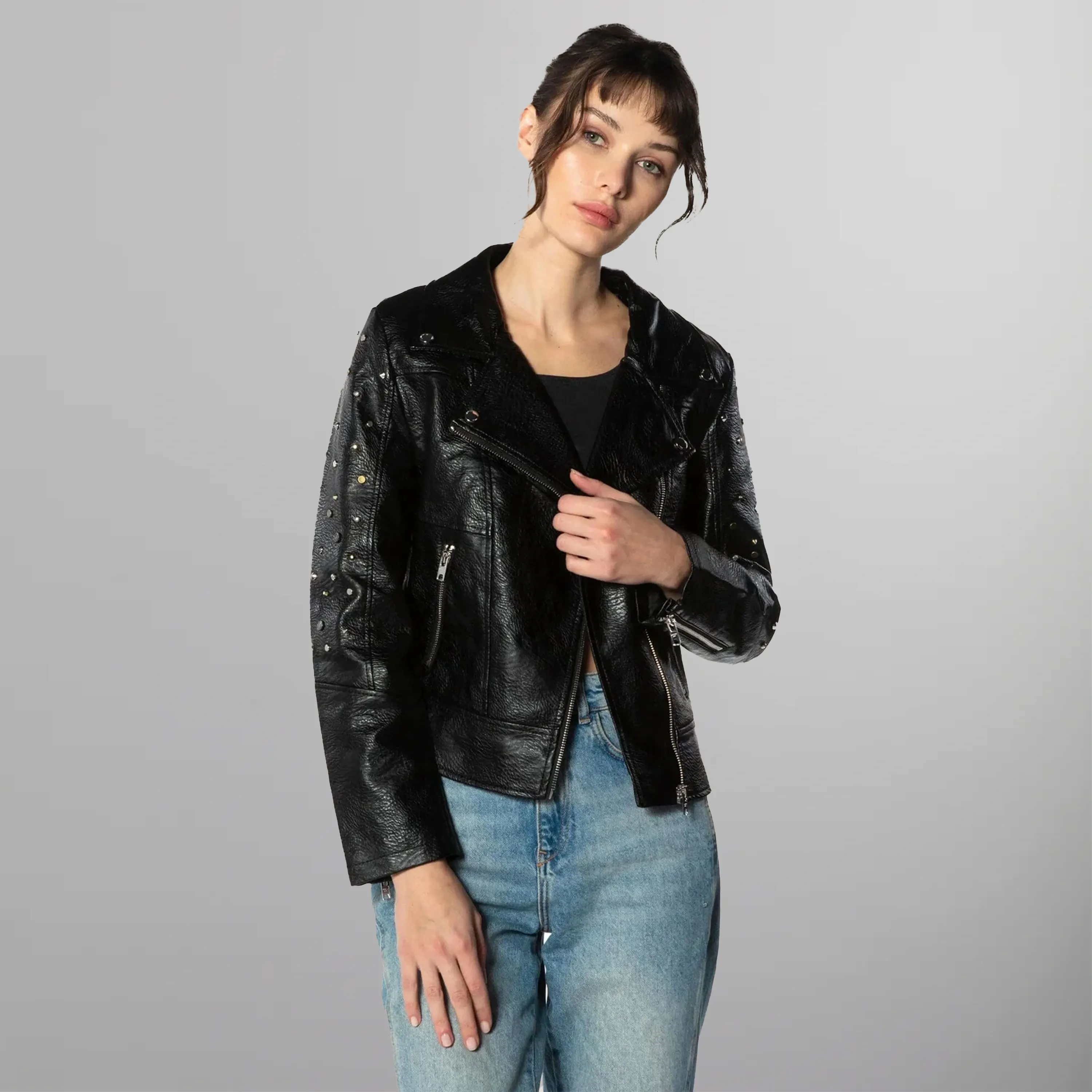 Women's Faux Leather Studded Biker Jacket - FINAL SALE