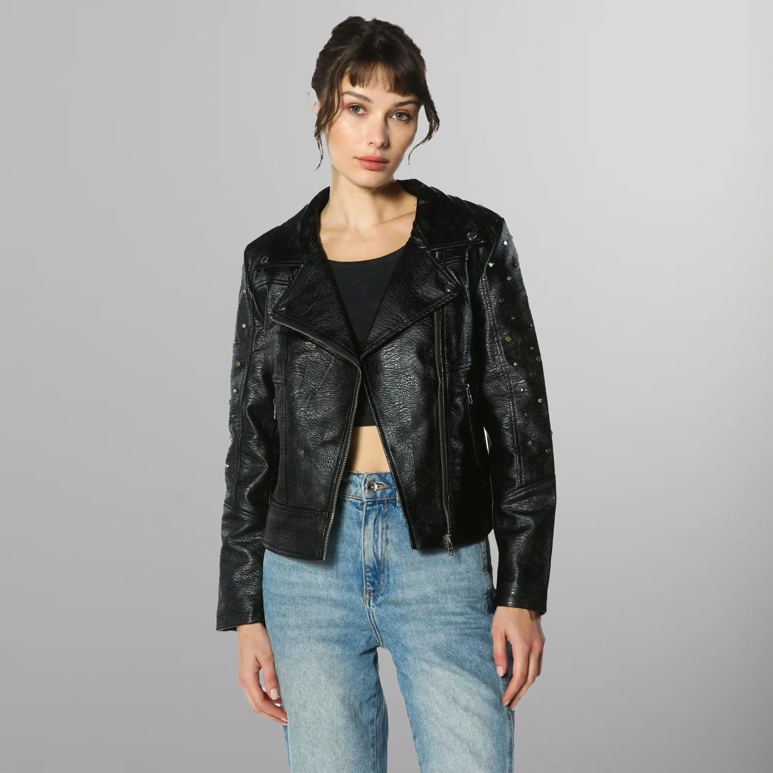 Women's Faux Leather Studded Biker Jacket - FINAL SALE