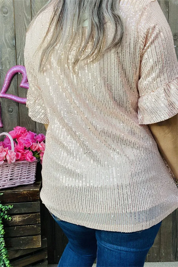 XCH15277-1 Pink sequin w/ruffle short sleeve women top(ES10)