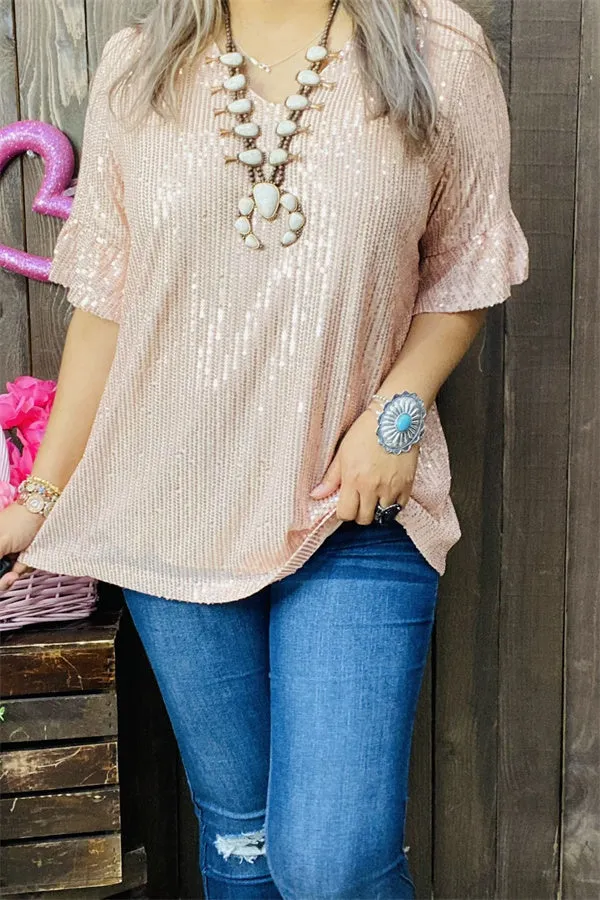XCH15277-1 Pink sequin w/ruffle short sleeve women top(ES10)